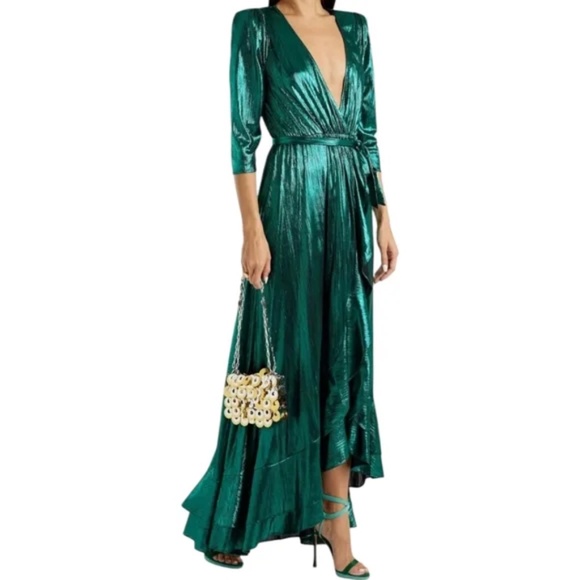 RETROFETE Flora Lamé Midi Wrap Dress in Emerald size Small NWT $575 - Picture 1 of 3
